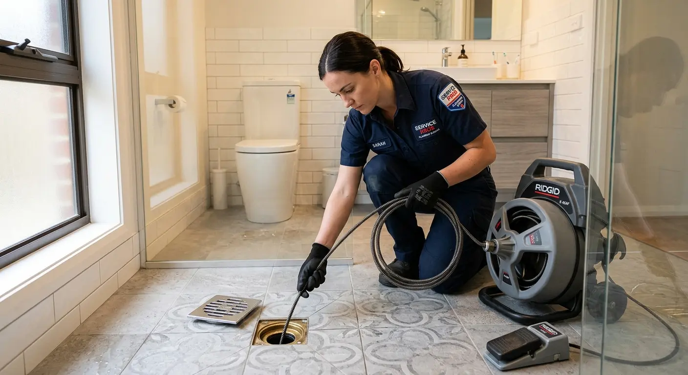 Technician clearing a bathroom floor drain for Clogged Drain Repair in Washington